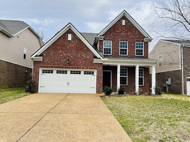 traditional home with a garage, brick siding, concrete driveway, and a front lawn