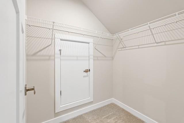 spacious closet with lofted ceiling and carpet floors