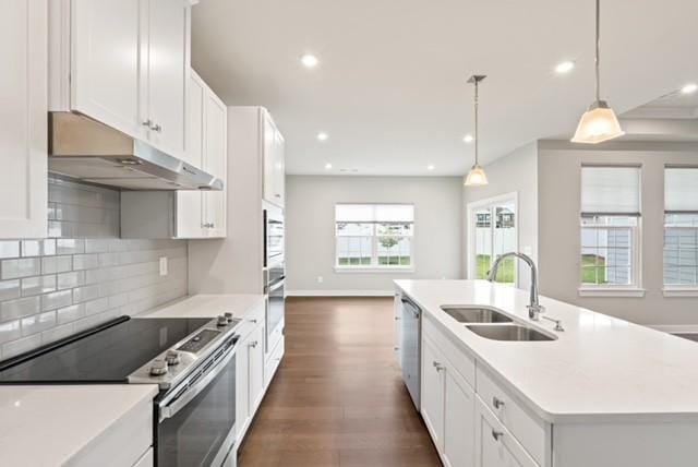 kitchen with a sink, stainless steel appliances, white cabinets, under cabinet range hood, and backsplash