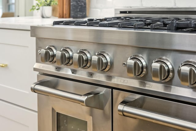 details with double oven range, decorative backsplash, and light countertops