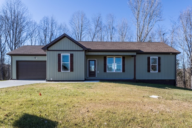 single story home featuring a garage, roof with shingles, concrete driveway, and a front yard