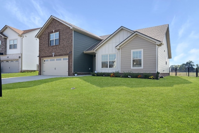 view of front of home with fence, board and batten siding, concrete driveway, an attached garage, and a front yard