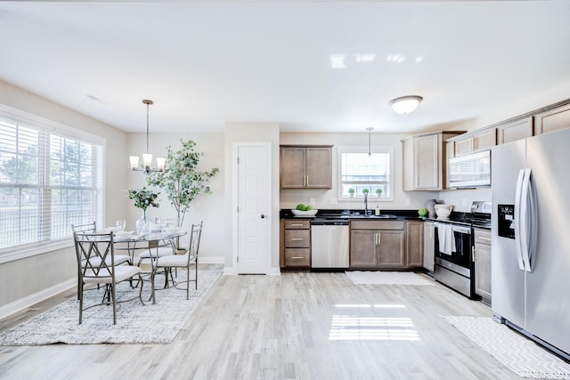 kitchen with a sink, dark countertops, appliances with stainless steel finishes, and pendant lighting