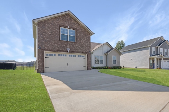 view of front of property featuring brick siding, concrete driveway, a front lawn, and fence