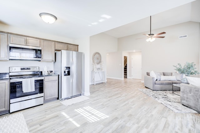 kitchen featuring open floor plan, visible vents, appliances with stainless steel finishes, and light wood-type flooring