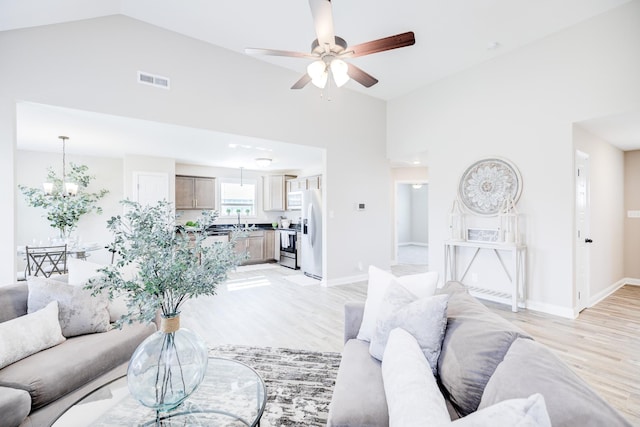 living area with high vaulted ceiling, baseboards, visible vents, and light wood-type flooring