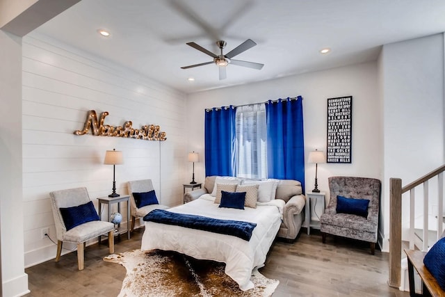 bedroom with recessed lighting, wood finished floors, and ceiling fan