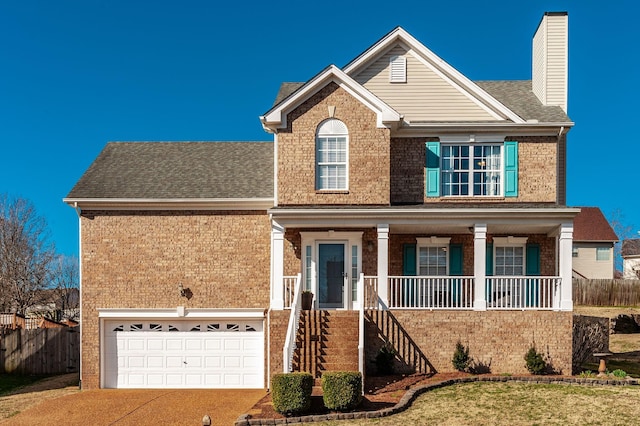 traditional-style home with brick siding, fence, stairs, covered porch, and a chimney