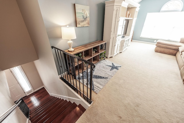 staircase with baseboards and carpet