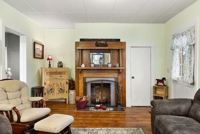 living area with wood finished floors and a fireplace