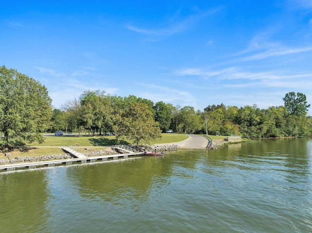 dock area with a water view and a lawn