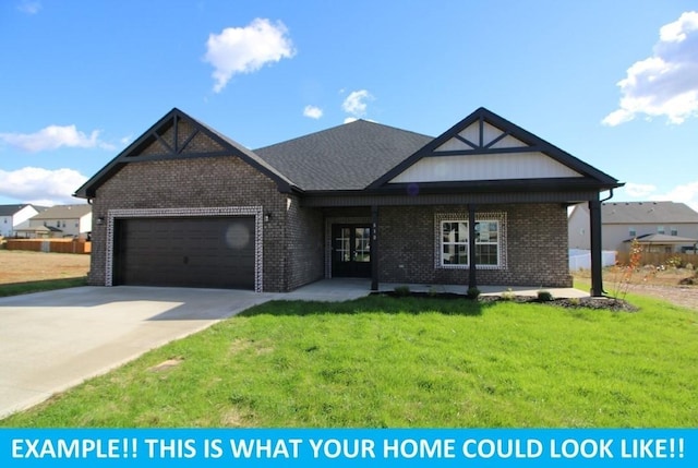 craftsman inspired home with a front lawn, an attached garage, brick siding, and concrete driveway