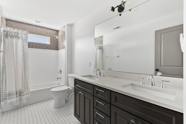 bathroom featuring toilet, shower / bathtub combination with curtain, visible vents, and a sink