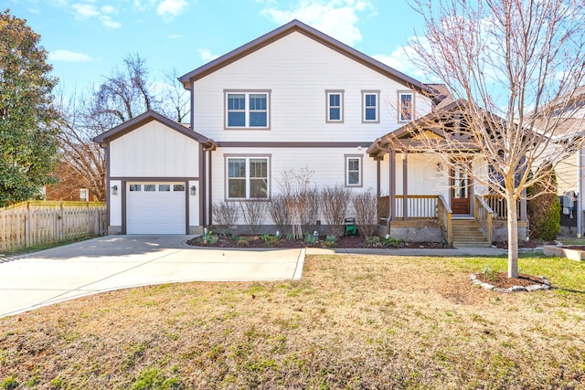 view of front of house with a front lawn, fence, a porch, driveway, and an attached garage