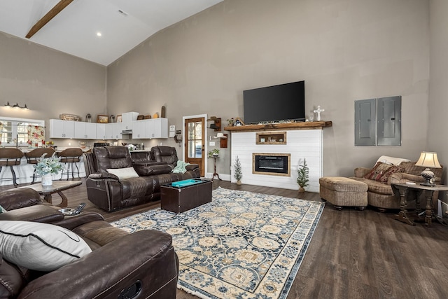 living area featuring a glass covered fireplace, electric panel, dark wood-style flooring, and high vaulted ceiling