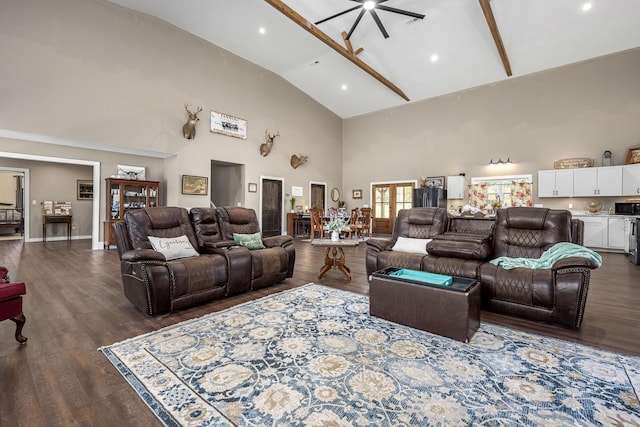 living area with dark wood finished floors, beam ceiling, baseboards, and high vaulted ceiling