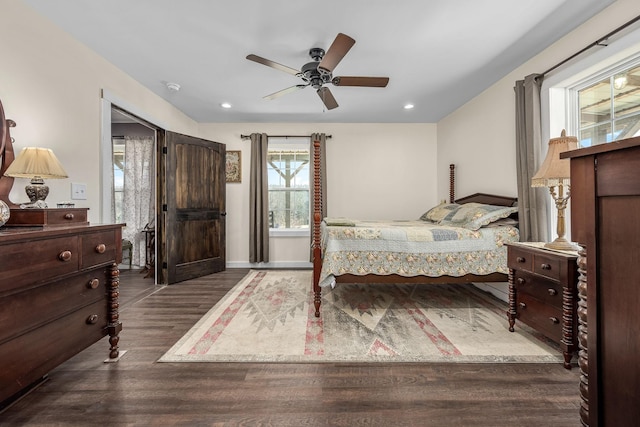 bedroom featuring recessed lighting, baseboards, ceiling fan, and wood finished floors