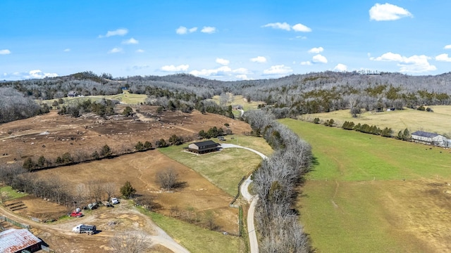 drone / aerial view featuring a rural view and a mountain view