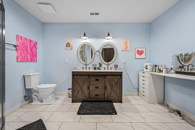 full bath featuring visible vents, double vanity, a sink, toilet, and marble finish floor