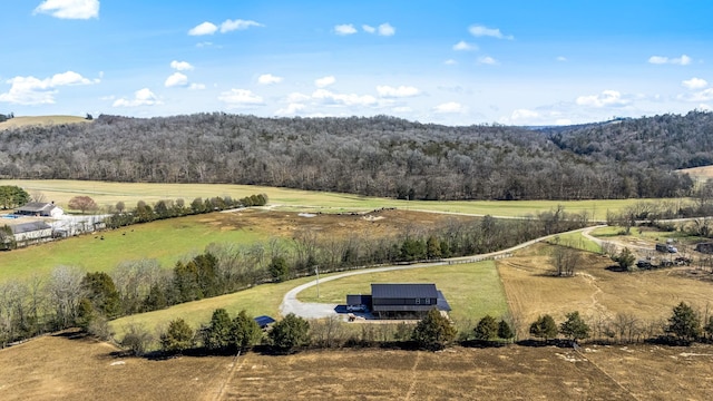 birds eye view of property featuring a rural view and a forest view