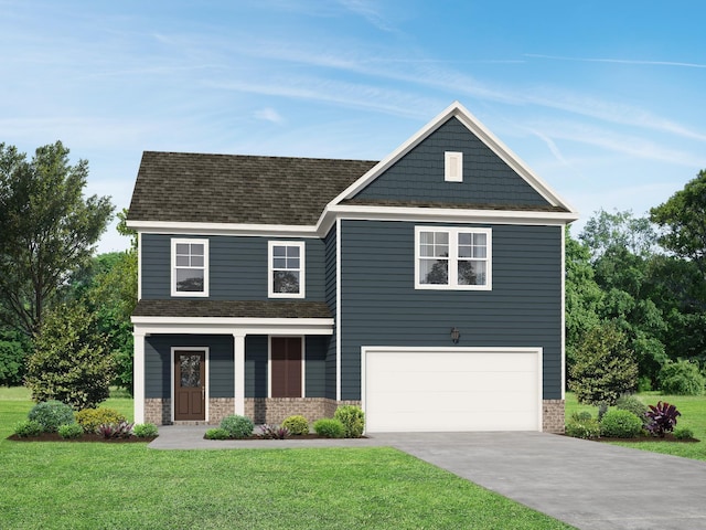 view of front facade with a front yard, driveway, an attached garage, a shingled roof, and brick siding