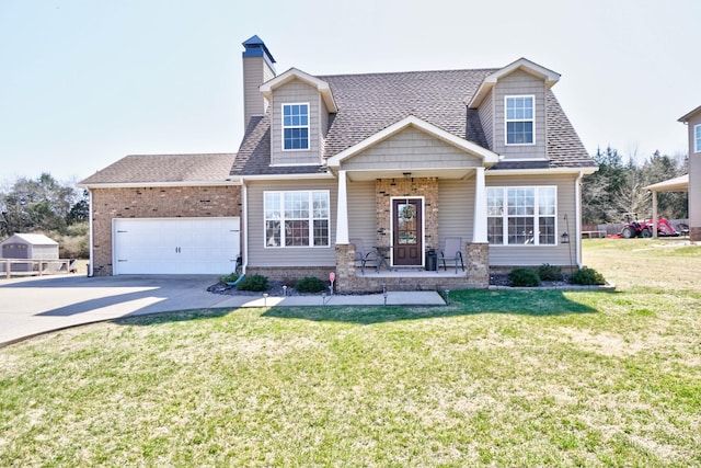 view of front of property featuring driveway, a front lawn, roof with shingles, an attached garage, and a chimney