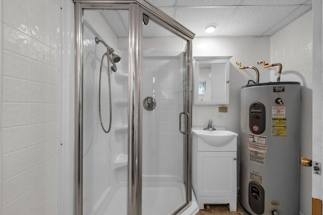 253 Main St, Ducktown, TN 37326 - full bath featuring water heater, a stall shower, tile walls, and vanity