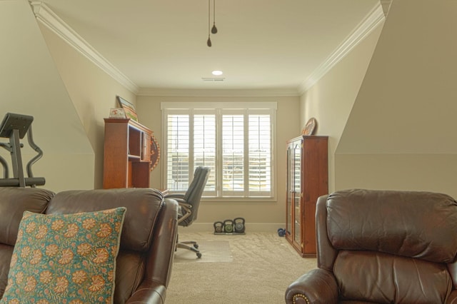 home office with baseboards, carpet, and ornamental molding