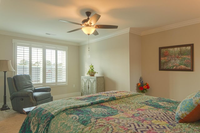 bedroom with visible vents, ornamental molding, a ceiling fan, carpet, and baseboards