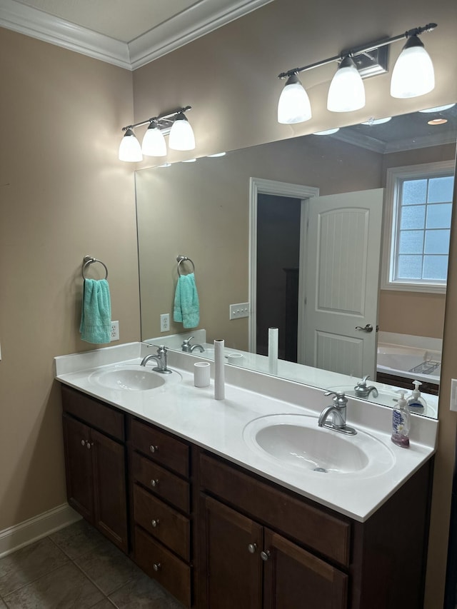 bathroom with tile patterned floors, double vanity, crown molding, and a sink