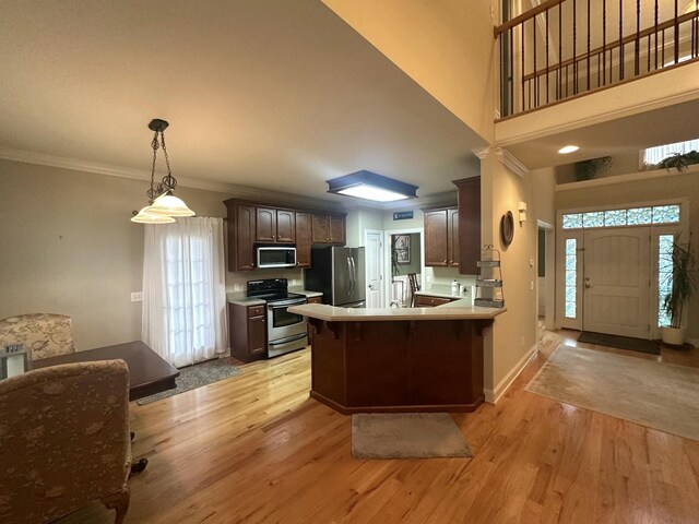 kitchen with ornamental molding, light wood-style flooring, dark brown cabinets, and stainless steel appliances