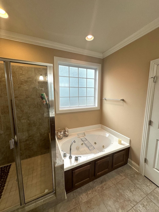 full bath with crown molding, a tub with jets, and a stall shower