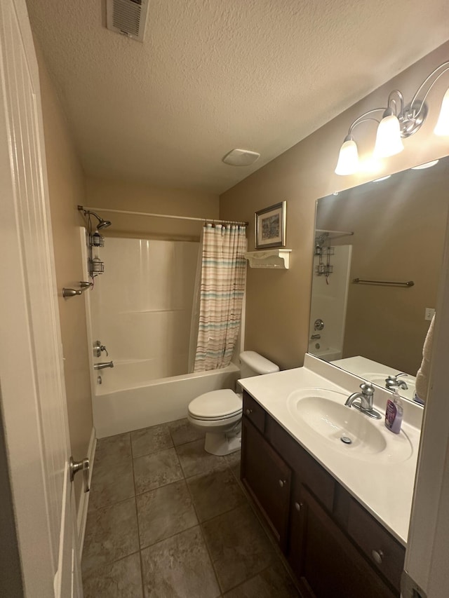 bathroom with visible vents, shower / bathtub combination with curtain, toilet, a textured ceiling, and vanity