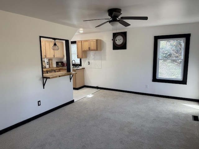 interior space with visible vents, light carpet, a ceiling fan, a sink, and baseboards