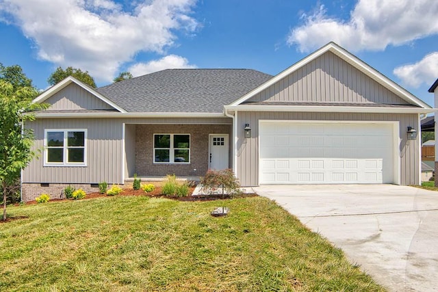 view of front of home with a front yard, roof with shingles, an attached garage, concrete driveway, and crawl space