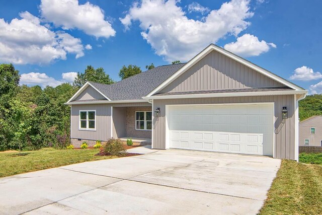 single story home with a front lawn, concrete driveway, roof with shingles, a garage, and crawl space