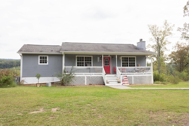 single story home with a front yard, a porch, and a chimney