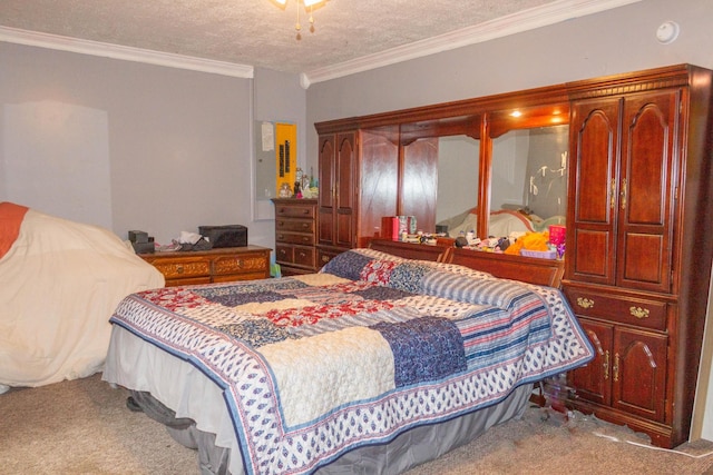 carpeted bedroom featuring a textured ceiling and crown molding