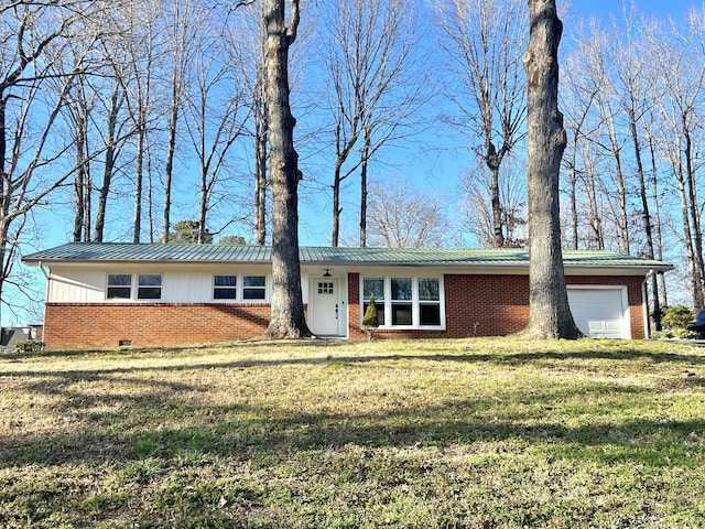 single story home featuring brick siding, a front lawn, metal roof, a garage, and crawl space