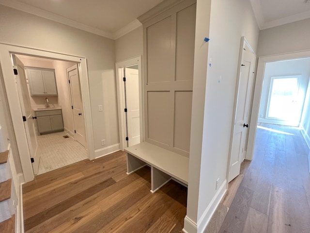 mudroom with a sink, baseboards, wood finished floors, and crown molding