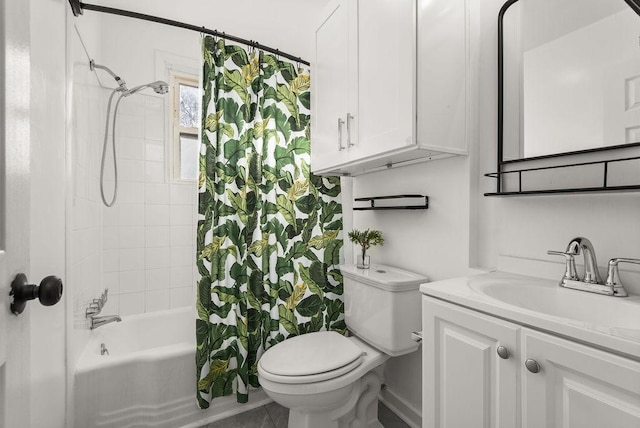 full bath featuring toilet, vanity, and shower / bath combination with curtain