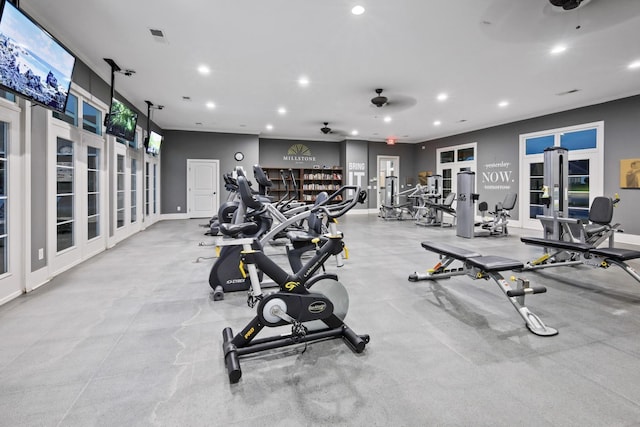 gym featuring visible vents, recessed lighting, baseboards, and ceiling fan