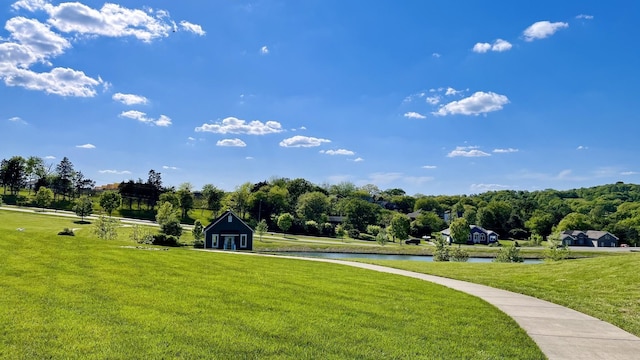 view of community with a yard and a water view