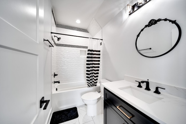 bathroom featuring vanity, toilet, shower / bathtub combination with curtain, and marble finish floor