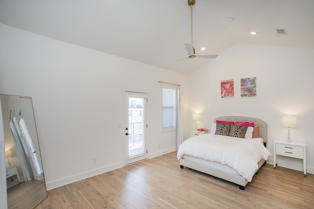 bedroom featuring baseboards, lofted ceiling, ceiling fan, access to exterior, and light wood-style floors