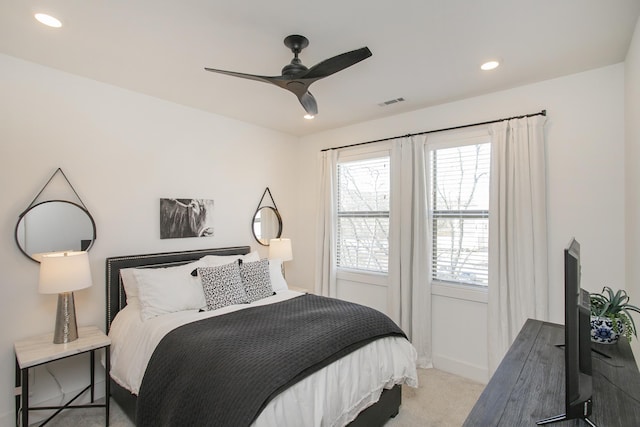 bedroom with a ceiling fan, carpet flooring, recessed lighting, and visible vents