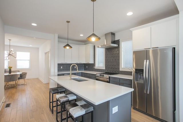 kitchen featuring visible vents, wall chimney range hood, a kitchen bar, stainless steel appliances, and a sink