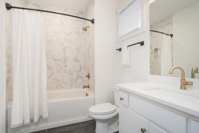 full bathroom featuring vanity, toilet, and shower / tub combo with curtain