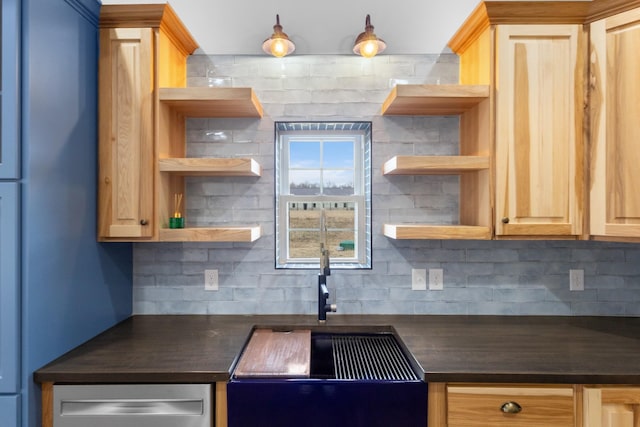 kitchen featuring dark countertops, tasteful backsplash, and open shelves