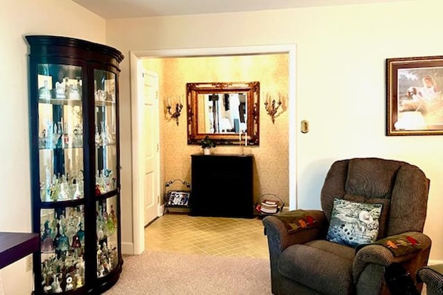 sitting room with carpet floors